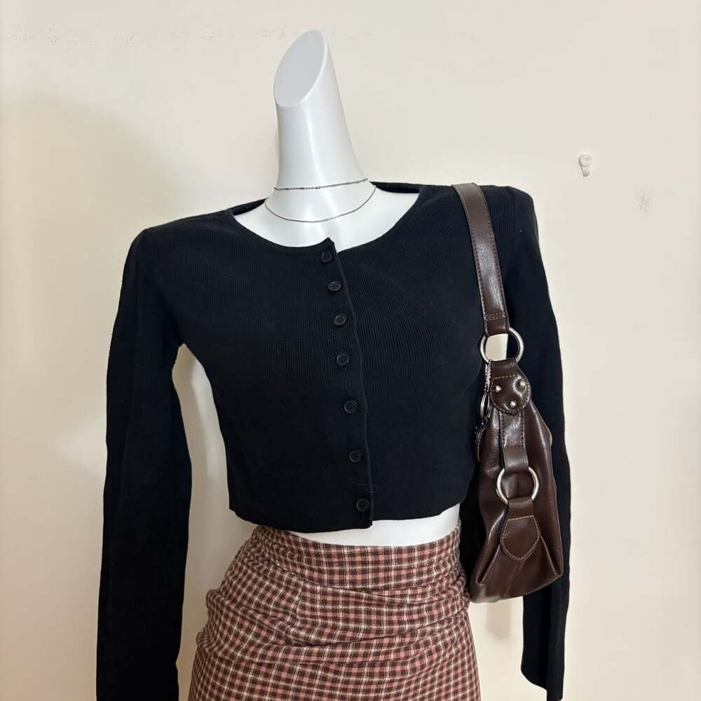 Brandy Melville Black Ribbed Button Down Long Sleeve Crop Cardigan